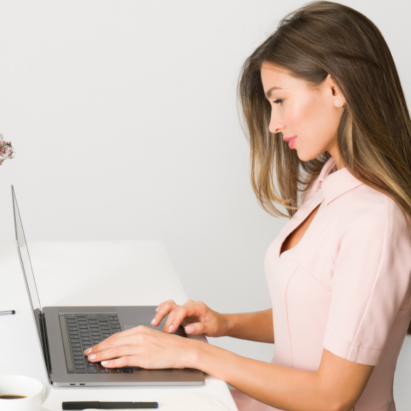 woman at computer doing interview